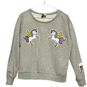 H&M divided heather grey sweatshirt with unicorn patches